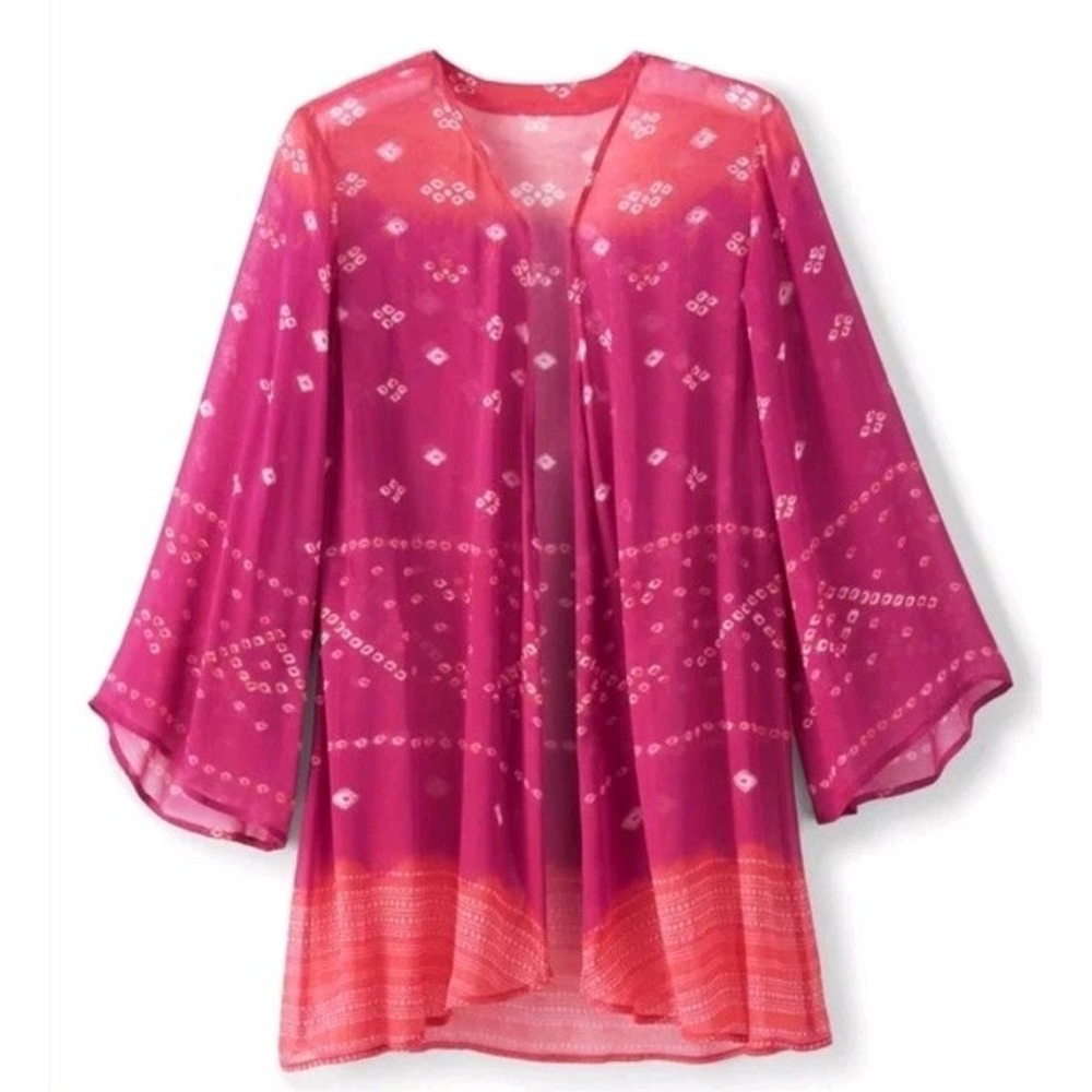 Soft Surroundings Laguna Topper Kimono Sz S Batik Sheer Boho Duster Hot Pink